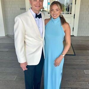 Norma Kamali Halter Turtle Side Slit in Powder Blue Halter Gown